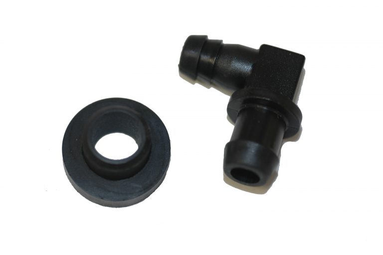 Fuel Tank Fitting w/Grommet, 90°, Plastic, 3/8″ Wahl Bros Racing