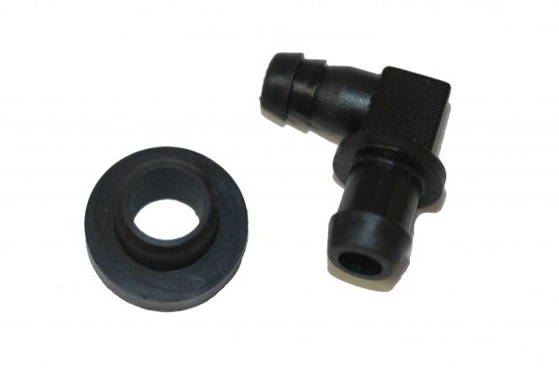 Fuel Tank Fitting w/Grommet, 90°, Plastic, 3/8"